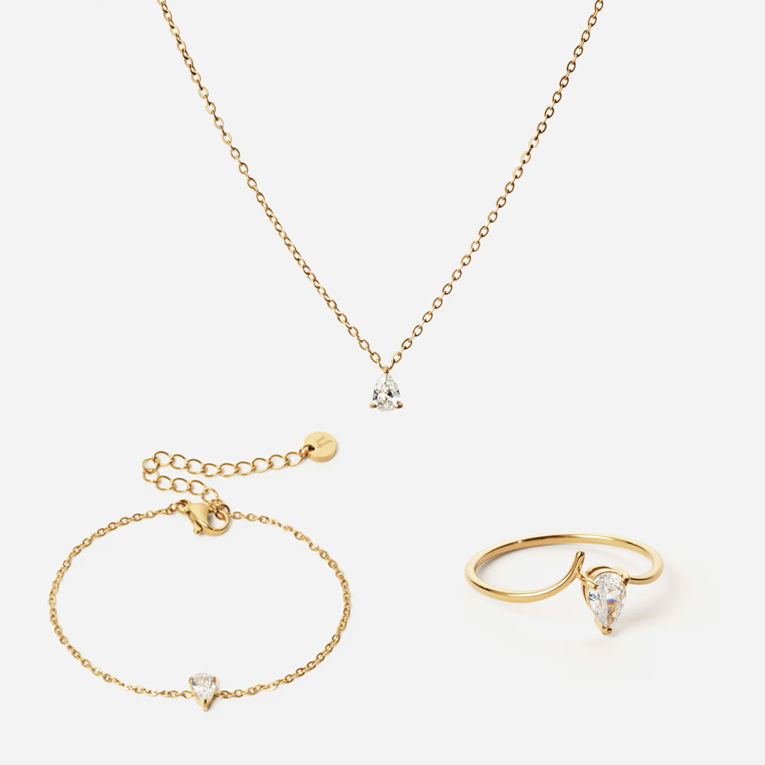 Iskald Dråbe Zirkon Ring, Armbånd og Halskæde