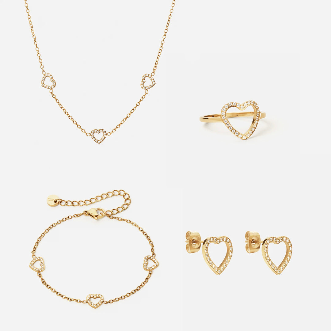 Heart Zirkon Trio Halskæde  Armbånd  øreringe  Ring 18k Guldbelagt 12mm