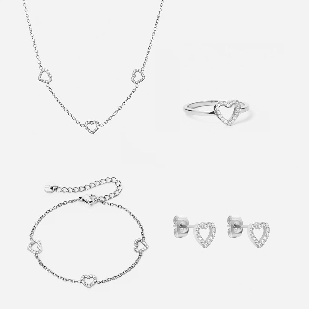 Heart Zirkon Trio Halskæde  Armbånd  øreringe  Ring Sølvfarvet 8mm